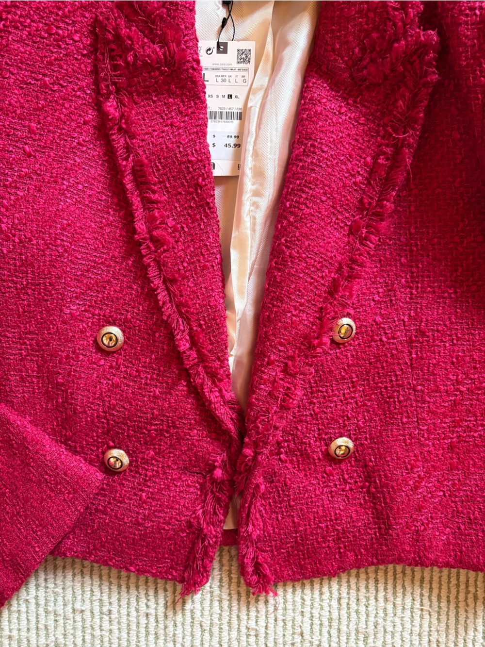 Zara Hot Pink Tweed Double-Breasted Cropped Jacket - Picture 3 of 5